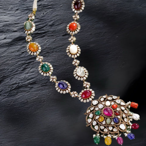 Navaratan Necklace - Cocktail Necklace - Tassel Necklace - 925 silver Jewelry,South Indian Jewelry,bridal choker,Indian Wedding Jewelry,pure Silver indian jewelry - SHABURIS