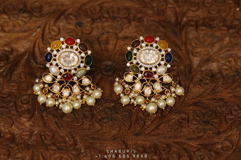 Navaratan jhumka,indian jewelry,Cocktail Earrings,jhumka Jewelry in Silver,Indian Earrings,Indian Jewelry,flat diamond studs-NIHIRA-SHABURIS