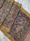 Tussar Kalamkari pure kanchi pen kalamkari Saree in kanchi border | kanchi saree | Authentic pattu Saree | Handloom Saree | pattu saree -MTO