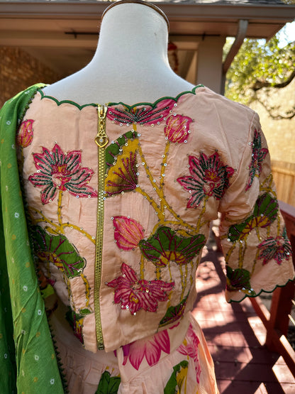 Floral Lehenga | Mehendi & Haldi Lehenga Choli | Green Lehenga Set | Pink Lehenga Set | Indian Wedding Guest Outfit | Pre Wedding Ceremony Dress