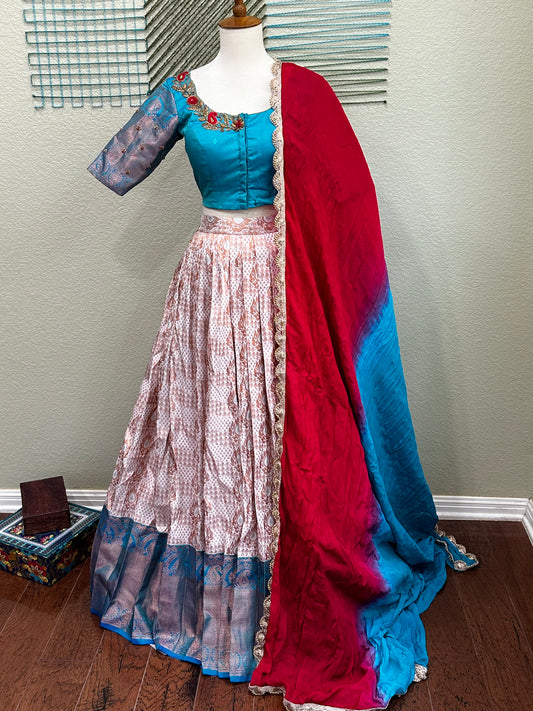 Kanchipuram Lehenga | Mehendi & Haldi Lehenga Choli | offwhite Lehenga Set | blue Lehenga Set | Indian Wedding Guest Outfit | Pre Wedding Ceremony Dress