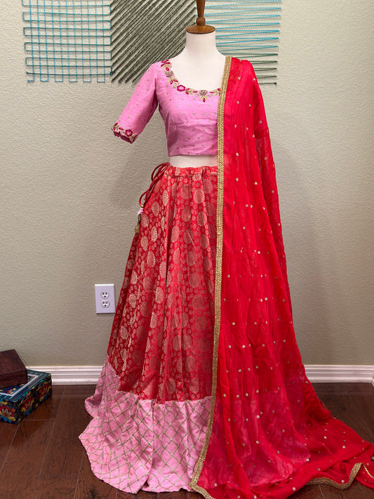 Banarasi Pattu Lehenga | Mehendi & Haldi Lehenga Choli | Red & pink Lehenga Set | Indian Wedding Guest Outfit | Pre Wedding Ceremony Dress
