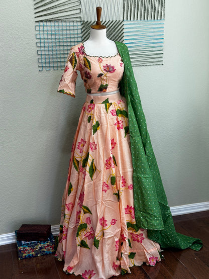 Floral Lehenga | Mehendi & Haldi Lehenga Choli | Green Lehenga Set | Pink Lehenga Set | Indian Wedding Guest Outfit | Pre Wedding Ceremony Dress