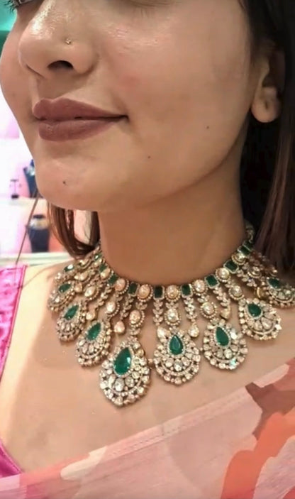 Polki necklace diamond necklace 925 silver jewelry 22k gold plated - SHABURIS