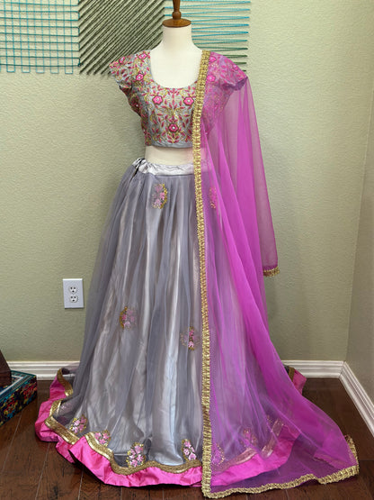Designer Lehenga | Mehendi & Haldi Lehenga Choli | grey Lehenga Set | Pink Lehenga Set | Indian Wedding Guest Outfit | Pre Wedding Ceremony Dress