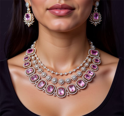 Pink saphire necklace polki necklace 925 silver jewelry 22k gold plated - SHABURIS