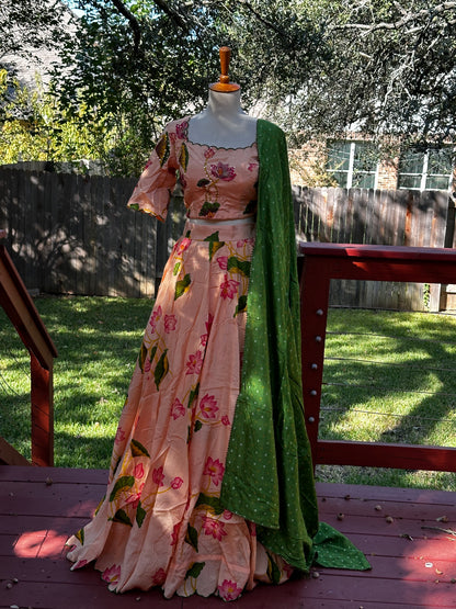 Floral Lehenga | Mehendi & Haldi Lehenga Choli | Green Lehenga Set | Pink Lehenga Set | Indian Wedding Guest Outfit | Pre Wedding Ceremony Dress