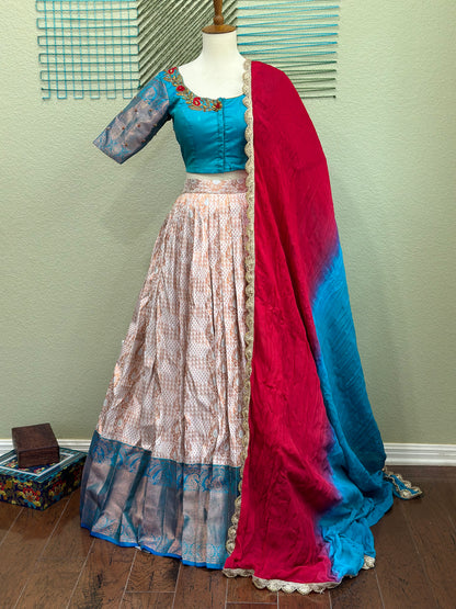 Kanchipuram Lehenga | Mehendi & Haldi Lehenga Choli | offwhite Lehenga Set | blue Lehenga Set | Indian Wedding Guest Outfit | Pre Wedding Ceremony Dress