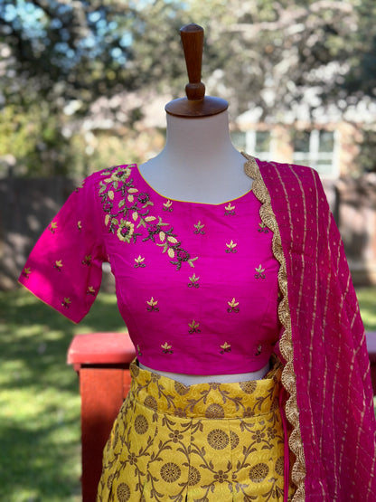 Kanchipuram Pattu Lehenga | Mehendi & Haldi Lehenga Choli | Yellow Green Floral Lehenga Set | Indian Wedding Guest Outfit | Pre Wedding Ceremony Dress