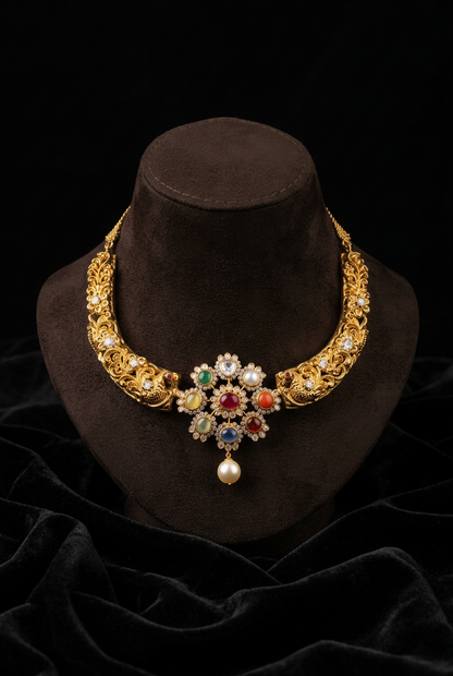 Navaratan Necklace,Pure Silver Jewellery Indian ,mango Necklace,Big Indian Necklace,Indian Bridal,Indian Wedding Jewelry-NIHIRA-SHABURIS