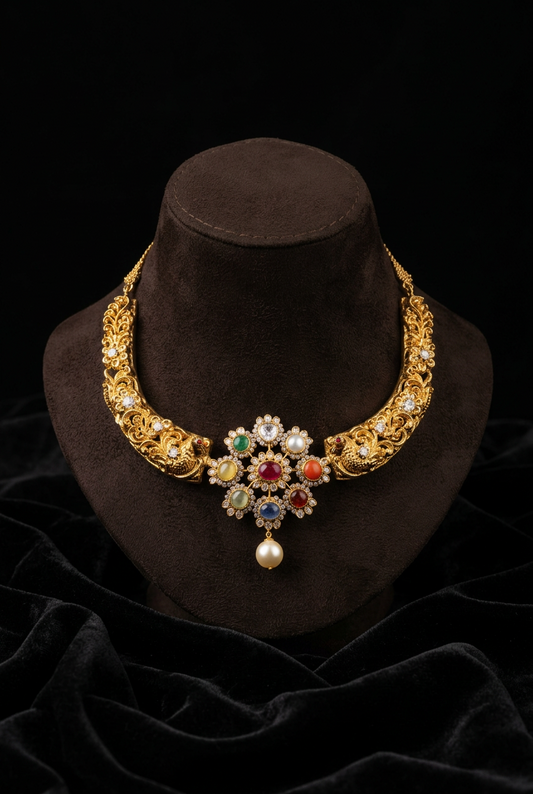 Navaratan Necklace,Pure Silver Jewellery Indian ,mango Necklace,Big Indian Necklace,Indian Bridal,Indian Wedding Jewelry-NIHIRA-SHABURIS
