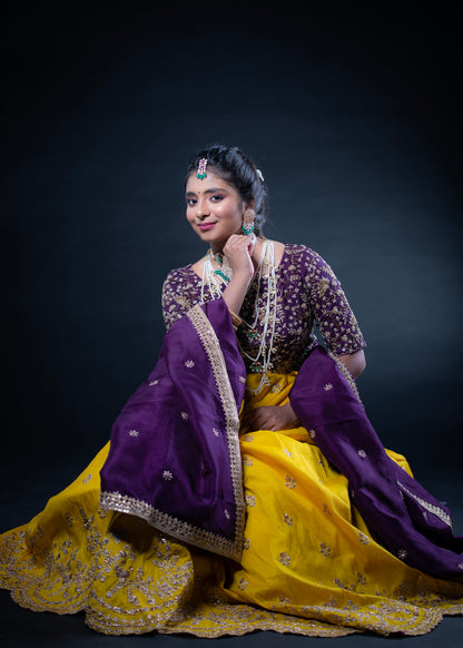 Designer Lehenga | Mehendi & Haldi Lehenga Choli | yellow purple Lehenga Set | Indian Wedding Guest Outfit | Pre Wedding Ceremony Dress
