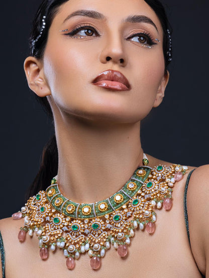 Polki Set diamond necklace 925 silver jewelry 22k gold plated- SHABURIS (Ready to Ship from India)