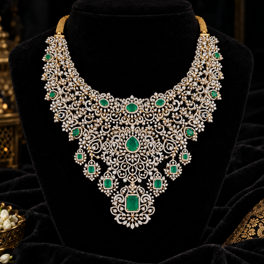 Diamond Necklace - Bridal Necklace - Wedding Necklace - 925 silver Jewelry,South Indian Jewelry,bridal choker,Indian Wedding Jewelry,pure Silver indian jewelry - SHABURIS