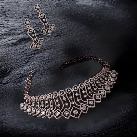Diamond Necklace - 925 silver Jewelry,South Indian Jewelry,bridal choker,Indian Wedding Jewelry,pure Silver indian jewelry - NIHIRA - SHABURIS