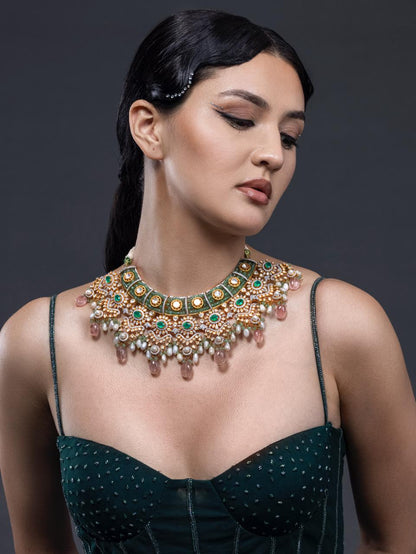 Polki Set diamond necklace 925 silver jewelry 22k gold plated- SHABURIS (Ready to Ship from India)