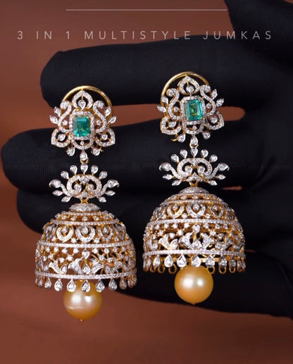 Diamond Jhumka Diamond Earrings statement studs diamond studs - 925 silver Jewelry , South Indian Jewelry,bridal choker,Indian Wedding Jewelry,pure Silver indian jewelry - SHABURIS
