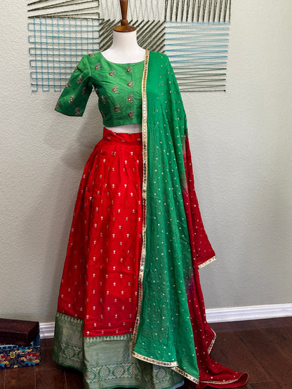 Kanchipuram Pattu Lehenga | Mehendi & Haldi Lehenga Choli | Yellow Green Floral Lehenga Set | Indian Wedding Guest Outfit | Pre Wedding Ceremony Dress