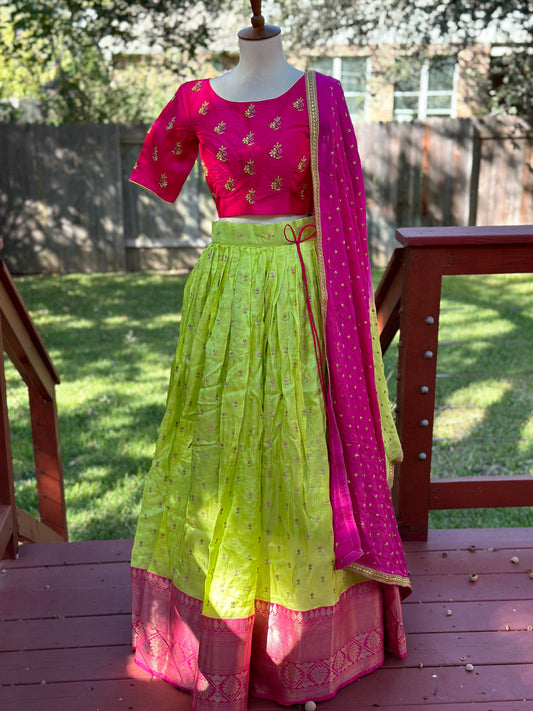 Kanchipuram Pattu Lehenga | Mehendi & Haldi Lehenga Choli | Yellow Green Floral Lehenga Set | Indian Wedding Guest Outfit | Pre Wedding Ceremony Dress