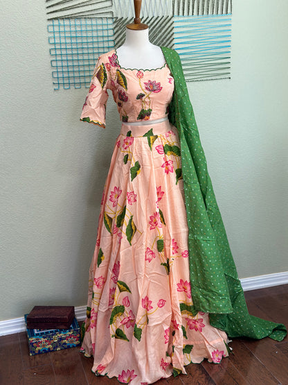 Floral Lehenga | Mehendi & Haldi Lehenga Choli | Green Lehenga Set | Pink Lehenga Set | Indian Wedding Guest Outfit | Pre Wedding Ceremony Dress