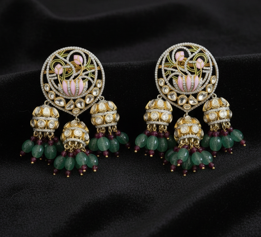 Menakari Earrings Diamond Jhumkas Polki Diamond Earrings Polki Jhumkas Big Earrings 925 Silver Jewelry Silver Earrings - SHABURIS