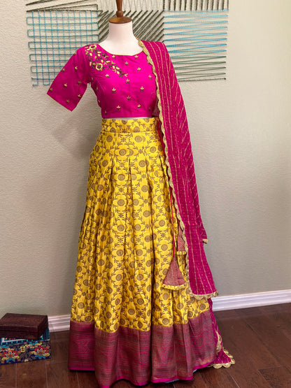 Kanchipuram Pattu Lehenga | Mehendi & Haldi Lehenga Choli | Yellow Green Floral Lehenga Set | Indian Wedding Guest Outfit | Pre Wedding Ceremony Dress