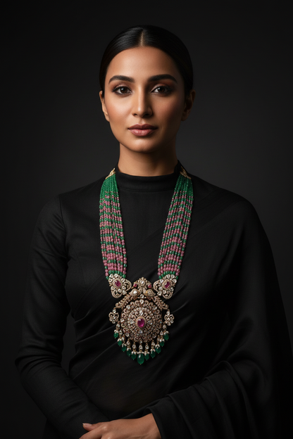 Emerald beads Necklace Polki necklace 925 silver jewelry 22k gold plated - SHABURIS