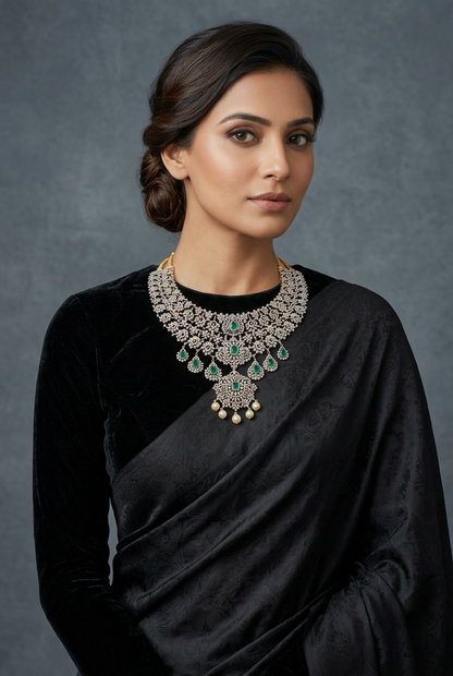 Diamond Necklace - Bridal Necklace - Wedding Necklace - 925 silver Jewelry,South Indian Jewelry,bridal choker,Indian Wedding Jewelry,pure Silver indian jewelry - SHABURIS