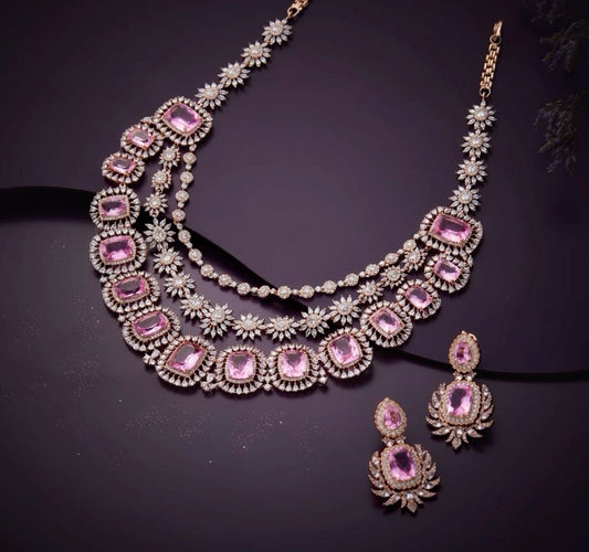 Pink saphire necklace polki necklace 925 silver jewelry 22k gold plated - SHABURIS