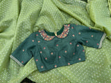 Organza Saree Mehendi Saree Green Saree Peter pan collar blouse Zardhosi work designer blouse -Pattu Saree Blouse -Maggam work blouse - Green Blouse