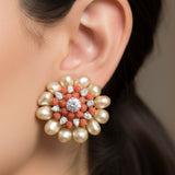 Coral Studs - Cocktail Earrings - Diamond Studs - 925 silver Jewelry , South Indian Jewelry,bridal choker,Indian Wedding Jewelry,pure Silver indian jewelry - SHABURIS
