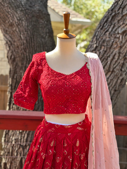 Chikankari Lehenga | Mehendi & Haldi Lehenga Choli | Red Lehenga Set | Pink Lehenga Set | Indian Wedding Guest Outfit | Pre Wedding Ceremony Dress