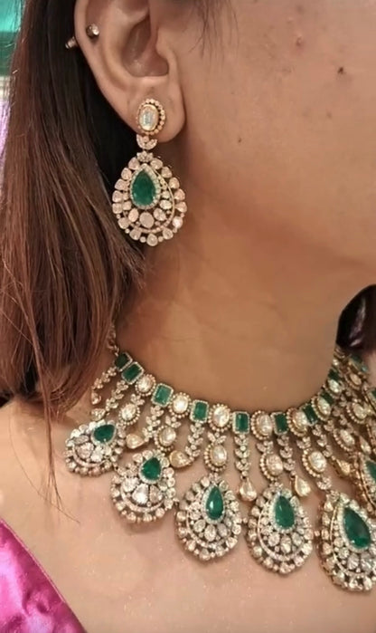 Polki necklace diamond necklace 925 silver jewelry 22k gold plated - SHABURIS