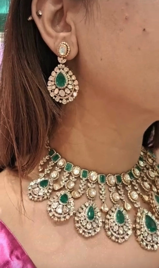 Polki necklace diamond necklace 925 silver jewelry 22k gold plated - SHABURIS