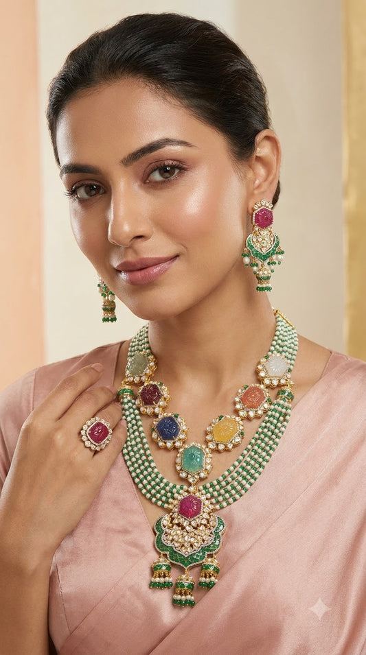Navaratan mala necklace 925 silver jewelry 22k gold plated - SHABURIS