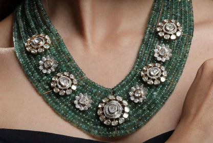 Polki Emeralds Necklace cocktail necklace 925 silver jewelry 22k gold plated - SHABURIS
