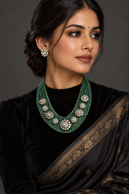 Polki Emeralds Necklace cocktail necklace 925 silver jewelry 22k gold plated - SHABURIS