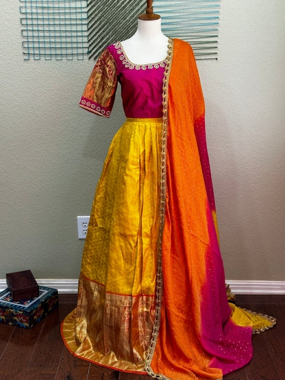 Kanchipuram Pattu Lehenga | Mehendi & Haldi Lehenga Choli | Yellow Green Floral Lehenga Set | Indian Wedding Guest Outfit | Pre Wedding Ceremony Dress