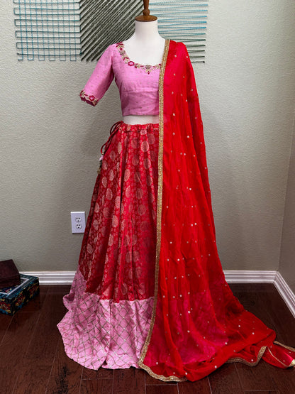 Banarasi Pattu Lehenga | Mehendi & Haldi Lehenga Choli | Red & pink Lehenga Set | Indian Wedding Guest Outfit | Pre Wedding Ceremony Dress