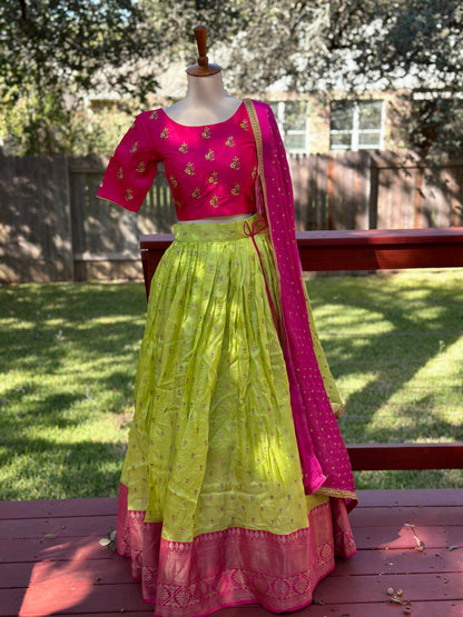 Kanchipuram Pattu Lehenga | Mehendi & Haldi Lehenga Choli | Yellow Green Floral Lehenga Set | Indian Wedding Guest Outfit | Pre Wedding Ceremony Dress