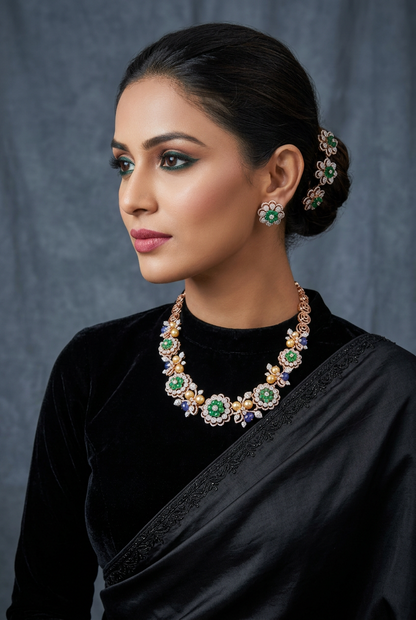 Diamond Necklace - Cocktail Necklace - Blue Saphire Necklace - 925 silver Jewelry,South Indian Jewelry,bridal choker,Indian Wedding Jewelry,pure Silver indian jewelry - SHABURIS