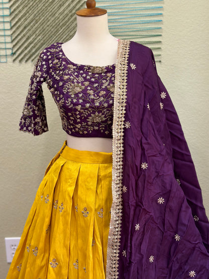 Designer Lehenga | Mehendi & Haldi Lehenga Choli | yellow purple Lehenga Set | Indian Wedding Guest Outfit | Pre Wedding Ceremony Dress