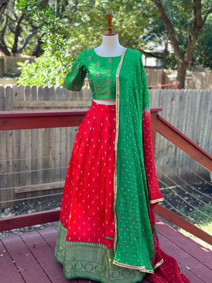 Kanchipuram Pattu Lehenga | Mehendi & Haldi Lehenga Choli | Yellow Green Floral Lehenga Set | Indian Wedding Guest Outfit | Pre Wedding Ceremony Dress