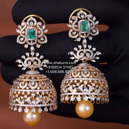 Diamond Jhumka Diamond Earrings statement studs diamond studs - 925 silver Jewelry , South Indian Jewelry,bridal choker,Indian Wedding Jewelry,pure Silver indian jewelry - SHABURIS
