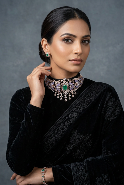 Diamond Necklace - Bridal Necklace - Wedding Necklace - 925 silver Jewelry,South Indian Jewelry,bridal choker,Indian Wedding Jewelry,pure Silver indian jewelry - SHABURIS