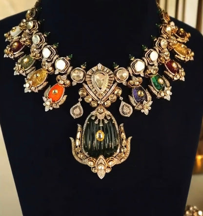 Navaratan Necklace Diamond Necklace 925 silver jewelry 22k gold plated - SHABURIS