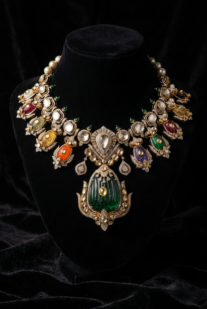 Navaratan Necklace Diamond Necklace 925 silver jewelry 22k gold plated - SHABURIS