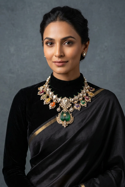 Navaratan Necklace Diamond Necklace 925 silver jewelry 22k gold plated - SHABURIS