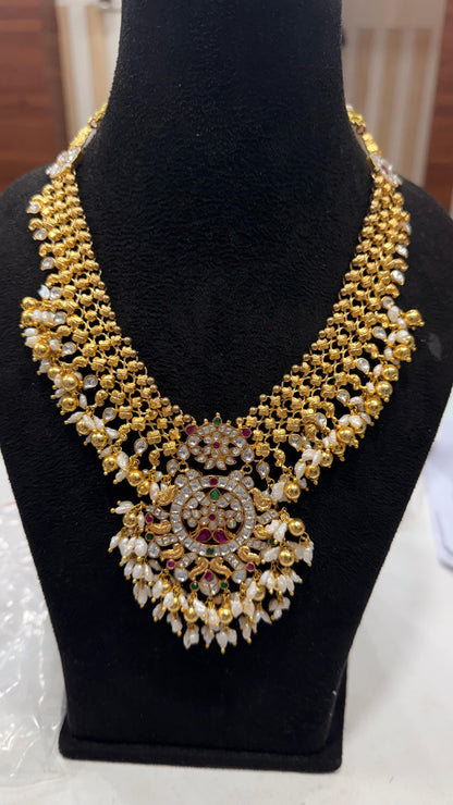 Guttapusalu necklace bridal necklace polki necklace diamond Jewelry necklace Pearl necklace statement jewelry silver necklace 925 silver with 22k gold plated - SHABURIS