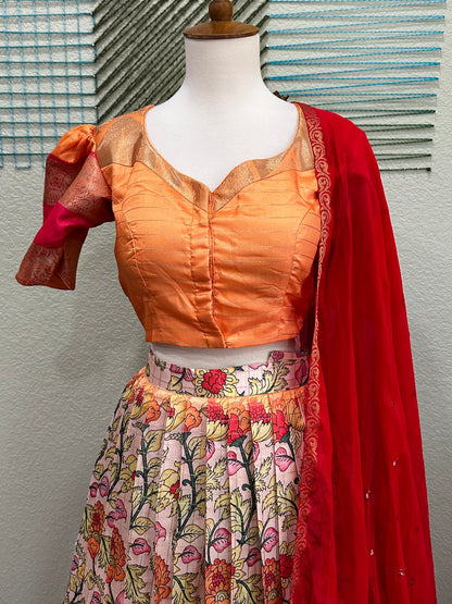 Kanchi kalamakari Lehenha | Kanchi Pattu Lehenga | Mehendi & Haldi Lehenga Choli | Red & pink Lehenga Set | Indian Wedding Guest Outfit | Pre Wedding Ceremony Dress